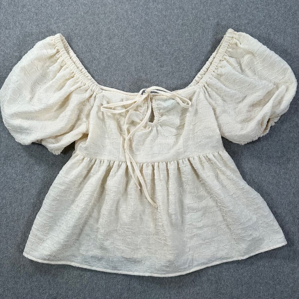Future Collective Puff Sleeve Blouse Women's Small Cream Textured Keyhole Tie